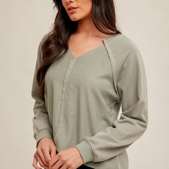 HEM & THREAD Sage Green Raw-Edge V-Neck Long Sleeve Top | Casual Relaxed Fit - Picture 2 of 4